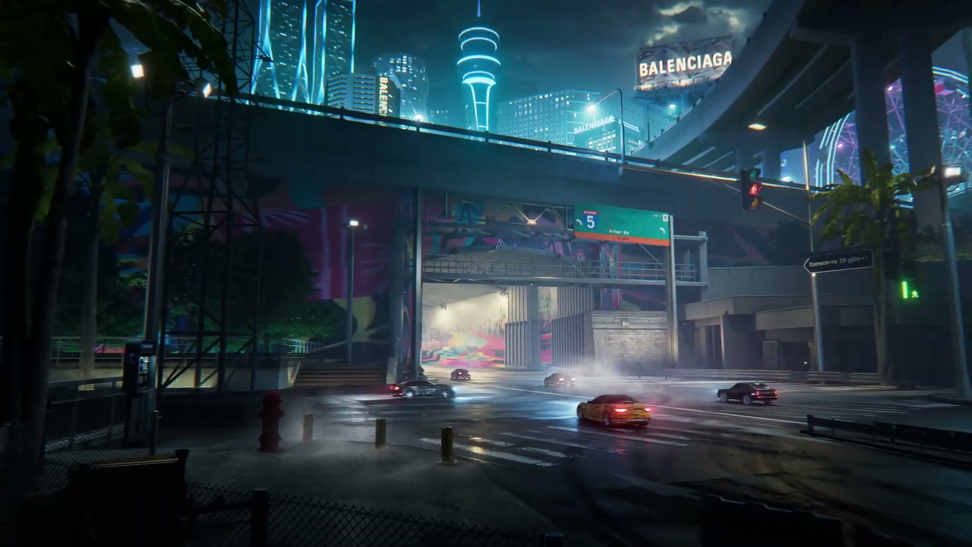 Night city street with Balenciaga billboard