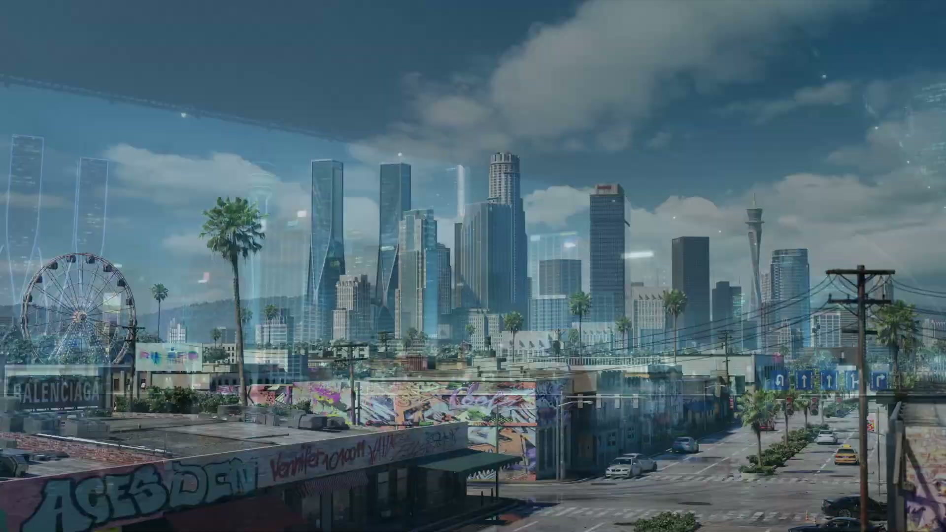 City skyline with Balenciaga graffiti