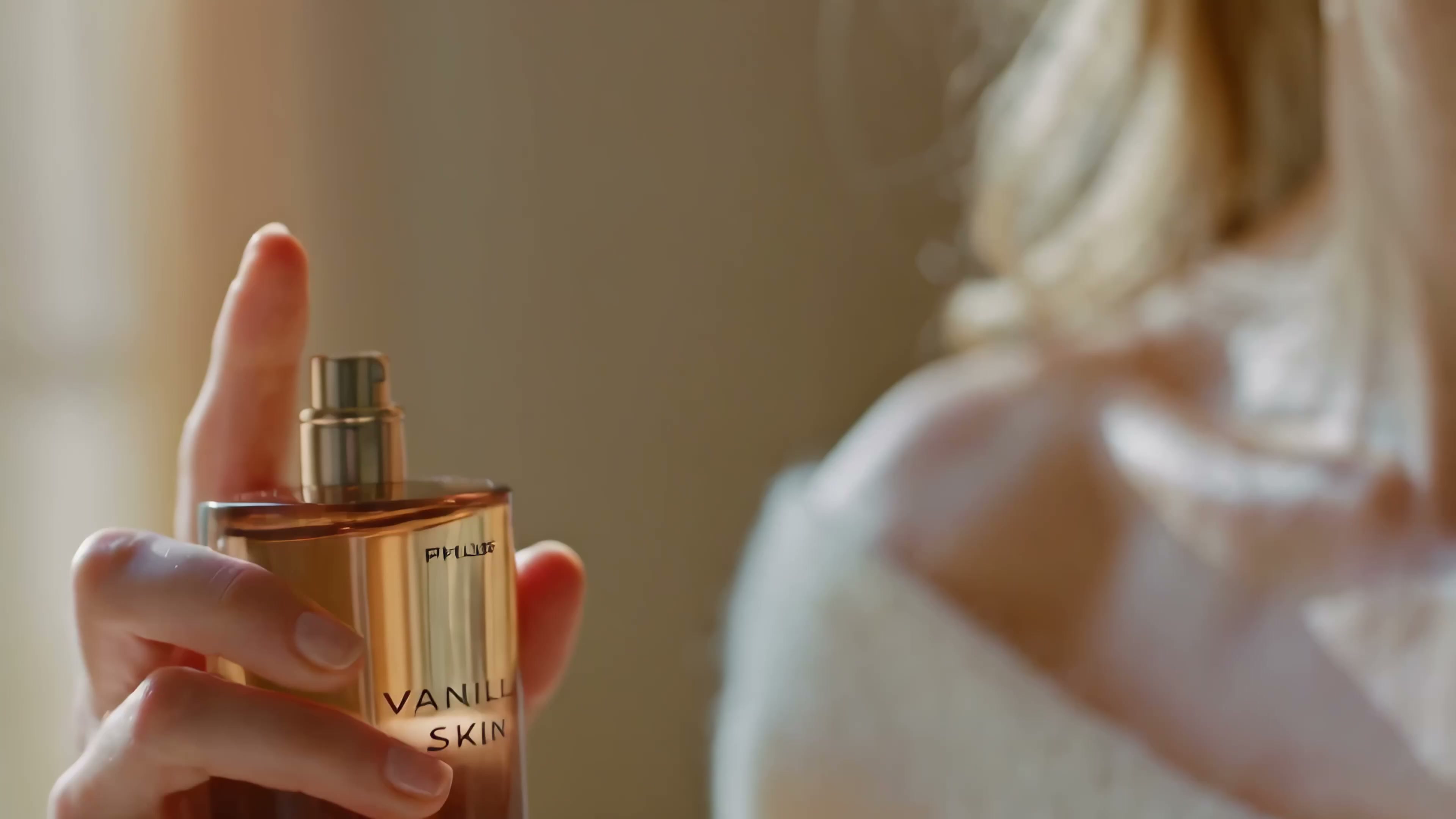 Hand holding the Phlur Vanilla Skin bottle in warm light